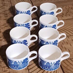 8 Churchill Blue Willow Mugs Cups